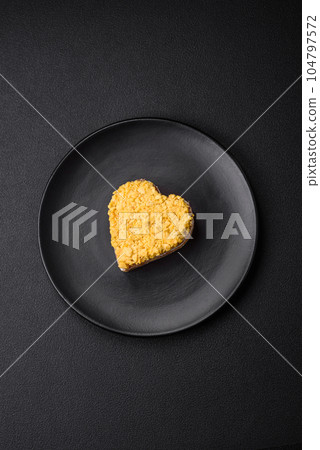 Delicious fresh mimosa salad with canned fish, egg, moinese, cheese, salt and spices 104797572