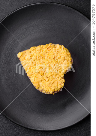 Delicious fresh mimosa salad with canned fish, egg, moinese, cheese, salt and spices Delicious fresh mimosa salad with canned fish, egg, moinese, cheese, salt and spices 104797579