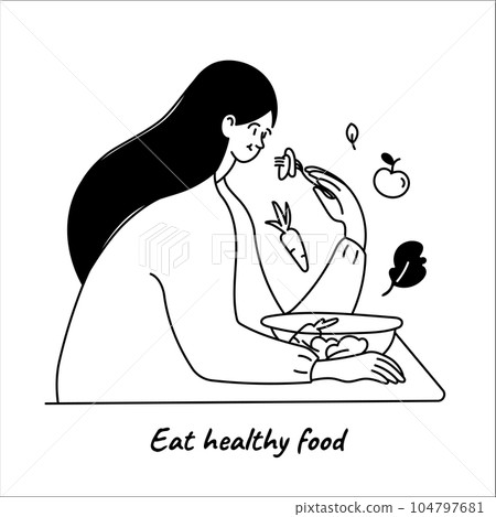 Woman eating healthy vegan food salad fruits and vegetables Healthy Lifestyle weight control concept 104797681