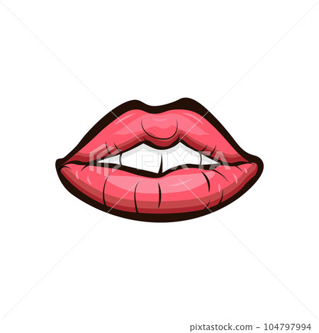 Psychedelic trippy lips are isolated. Cute cartoon lips with teeth in a groovy retro style. Vector illustration Psychedelic trippy lips are isolated. Cute cartoon lips with teeth in a groovy retro style. Vector illustration 104797994
