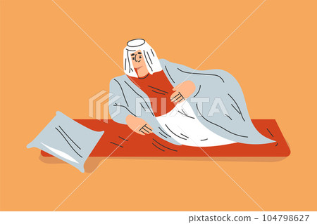 Man Tourist Camping in Desert Lying on Blanket Vector Illustration 104798627
