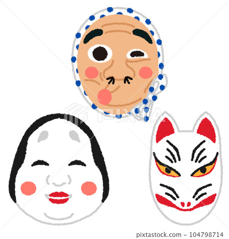 面具的插圖（Hyottoko、Okame、Fox） 104798714