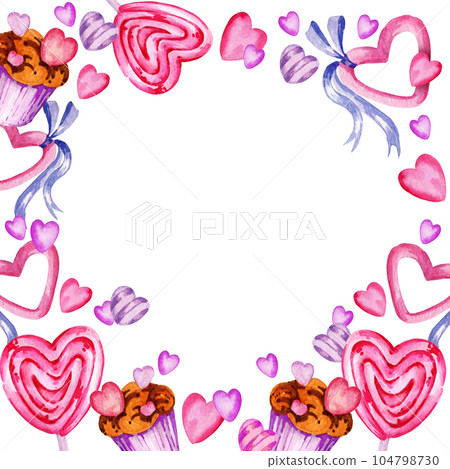 Watercolor square frame of valentine day theme with different heart, candy, sweets and muffins, hand draw illustration, pink and lilac colour frame on white background Watercolor square frame of valentine day theme with different heart, candy, sweets and muffins, hand draw illustration, pink and lilac colour frame on white background 104798730