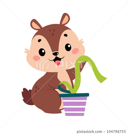 Funny Chipmunk Character with Cute Snout Unwrap Gift Box Vector Illustration Funny Chipmunk Character with Cute Snout Unwrap Gift Box Vector Illustration 104798755