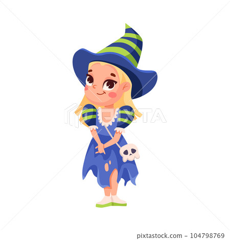 Cute Girl in Bright Halloween Witch Costume Celebrate Holiday Vector Illustration Cute Girl in Bright Halloween Witch Costume Celebrate Holiday Vector Illustration 104798769