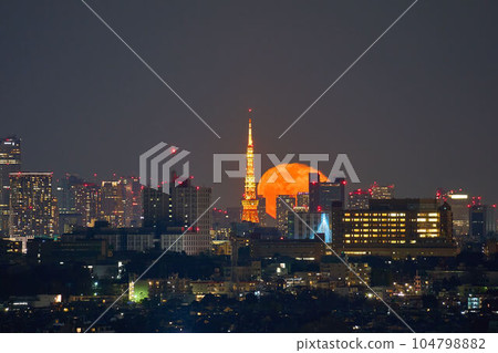 從神奈川縣川崎市多摩區生田水庫眺望東京塔（胡蘿蔔塔）附近的月出 104798882