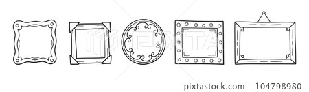 Vintage hand drawn picture frames. Doodle photo frames set. Blank black sketch square, rectangle and circle. Scribble picture border. Vector doodle illustration isolated on white background 104798980