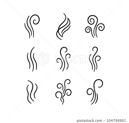 Doodle smoke icons set. Water steam symbols. Hand drawn hot vapors. Line air smell symbols. Doodle fire smoke icons. Vector illustration isolated on white background 104798981