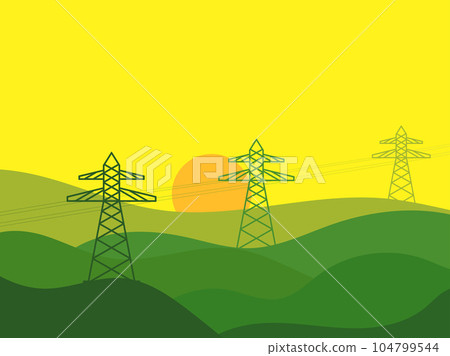 Power lines at sunset. Wavy landscape in a minimalist style with power pylons. Transmission towers and green fields . Design for posters, prints and banners. Vector illustration 104799544