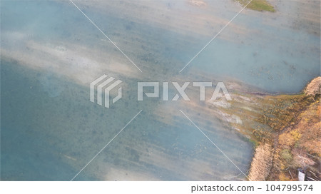 Top-Down Aerial View of a Forest Lake's Waterside in Fall Top-Down Aerial View of a Forest Lake's Waterside in Fall 104799574