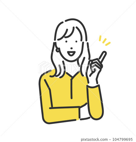 Simple line drawing illustration of a woman pointing with a smile 104799695