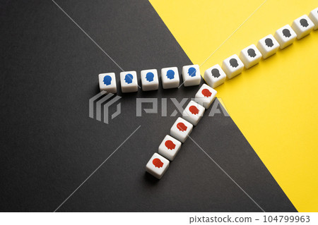 People are divided into two streams. Opposition factions. Lack of consensus. Ideological conflict. Rivalry to improve work efficiency. Dividing, splitting up. 104799963