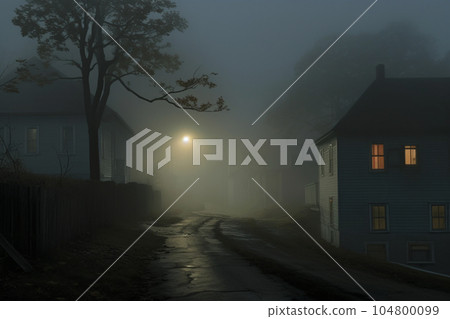 An empty illuminated ghost town street lamps lighting up the road through the trees and village in a fog on a rainy autumn day, street lanterns. English countryside scenes. Halloween background 104800099