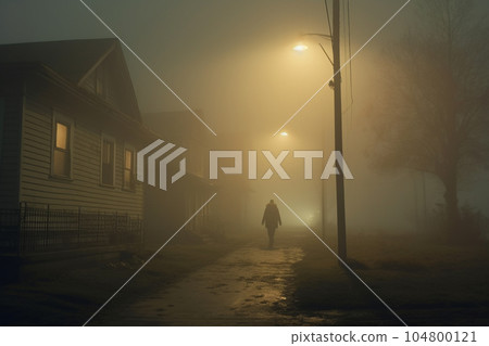 An empty illuminated ghost town street lamps lighting up the road through the trees and village in a fog on a rainy autumn day, street lanterns. English countryside scenes. Halloween background An empty illuminated ghost town street lamps lighting up the road through the trees and village in a fog on a rainy autumn day, street lanterns. English countryside scenes. Halloween background 104800121