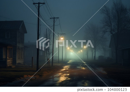An empty illuminated ghost town street lamps lighting up the road through the trees and village in a fog on a rainy autumn day, street lanterns. English countryside scenes. Halloween background An empty illuminated ghost town street lamps lighting up the road through the trees and village in a fog on a rainy autumn day, street lanterns. English countryside scenes. Halloween background 104800123