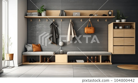 Stylish interior of a hallway in a country house. Gray walls, glazed door, wall hangers, shoe cabinets, plants in pots, rug on the floor, home decor. Modern cozy interior. Mockup, 3D rendering. Stylish interior of a hallway in a country house. Gray walls, glazed door, wall hangers, shoe cabinets, plants in pots, rug on the floor, home decor. Modern cozy interior. Mockup, 3D rendering. 104800442