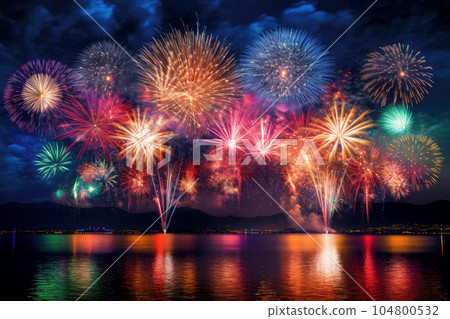 煙花照亮了海濱小鎮的天空 煙花照亮了海濱小鎮的天空 104800532