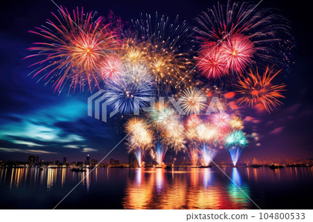 Fireworks that color the sky of the seaside town Fireworks that color the sky of the seaside town 104800533