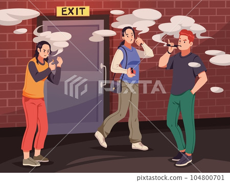 Cartoon smokers at exit. Working smoke break Stock