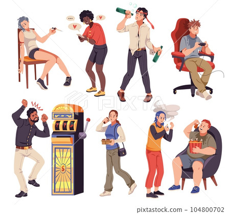 Cartoon people with addicted. Characters with bad habits, alcoholics, smokers, drug and gambling addicts, eating disorders and coffee drinking, health harmful behavior, tidy vector set 104800702