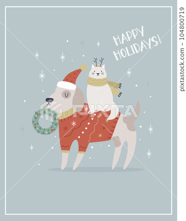 Christmas greeting card with funny dog in a holiday sweater and a cat in scarf. 104800719