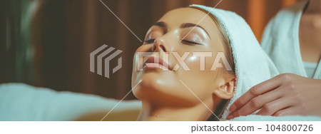 Beautiful Woman Receiving Treatment At Spa, banner made with Generative AI 104800726