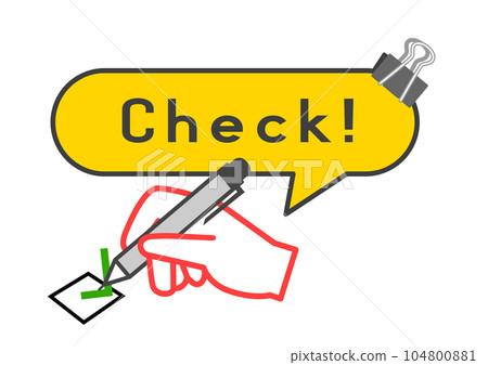 Checklist with ticks Checkbox icon and right hand holding pencil Illustration of yellow speech bubble 104800881