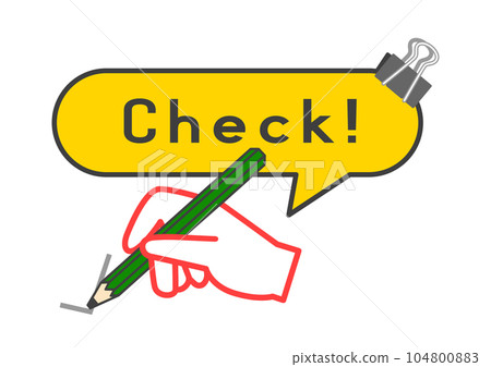 Check box with a tick and a right hand holding a pencil Yellow check mark speech bubble Icon material 104800883