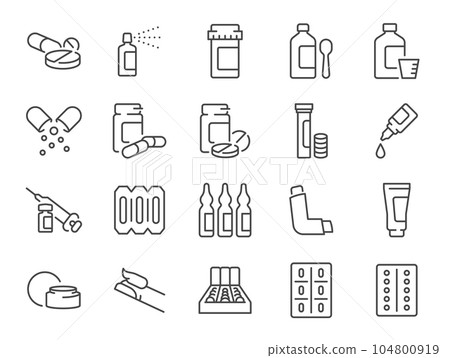 Pharmacy icon set. It included medicine, drug, pills, tablet, cure, and more icons. Editable Vector Stroke. 104800919