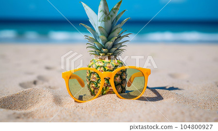 Pineapple in Sunglasses on the Sand at the Beach 104800927