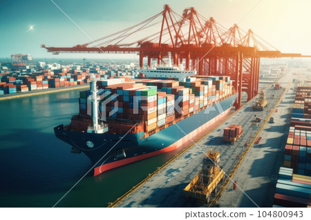 Container ship at the berth in the cargo terminal of the port. A fully loaded vessel is ready for international sea transportation. Global cargo delivery concept. 3D illustration. 104800943