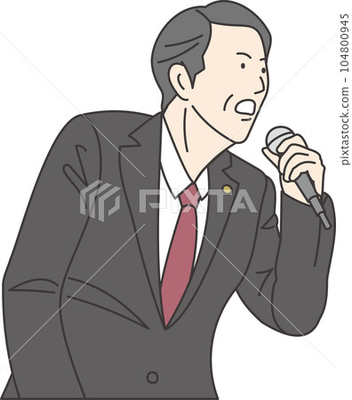 一名胸前佩戴徽章的男子拿著麥克風，表情嚴肅地說話的插圖 104800945