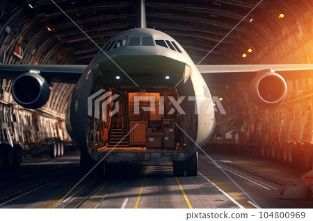 Loading transport aircraft in the hangar of cargo terminal. Large bales on the trolley ready for loading into the aircraft open cargo hold. Global freight transportation concept. 3D illustration. 104800969