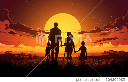 Happy family, father, mother, son and daughter in nature, sunset. Family silhouette at sunset standing on top of hill 104800985