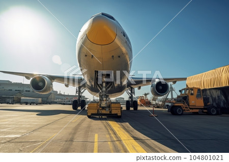 Loading a cargo plane at the airport. A cargo trolley delivering cargo to the jet on the airfield. International freight transport, airmail and logistics concept. 3D illustration. Loading a cargo plane at the airport. A cargo trolley delivering cargo to the jet on the airfield. International freight transport, airmail and logistics concept. 3D illustration. 104801021