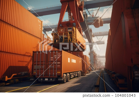 Port cargo terminal, transport hub. Port cranes reload cargo from a sea vessel into railway freight cars for further transportation. Global freight transport and logistics concept. 3D illustration. 104801043