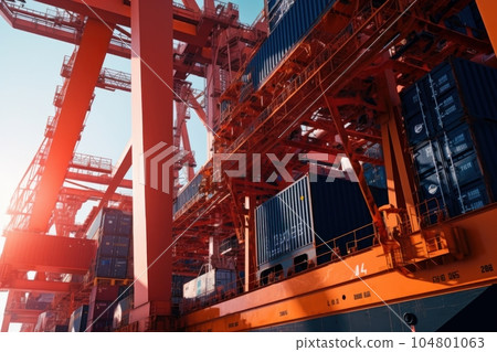 Close-up of a huge port crane. Containers are stacked on the loading dock and ready to be loaded onboard a container ship. Global freight transport and logistic concept. 3D illustration. 104801063