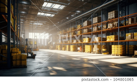Large industrial warehouse. High racks filled with boxes and containers. Boxes on pallets in the loading area. Daylight fills the room through the windows. Global logistics concept. 3D illustration. 104801065