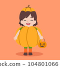 A happy pumpkin girl holds a pumpkin bucket to celebrate Halloween celebrities' holiday greetings. Vector illustration cartoon. 104801066