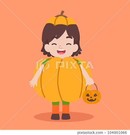 A happy pumpkin girl holds a pumpkin bucket to celebrate Halloween celebrities' holiday greetings. Vector illustration cartoon. 104801066