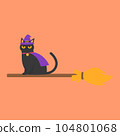 A cute black cat in a witch hat sitting on a witch's broom Halloween pumpkin to celebrate Halloween celebrities' holiday greetings. Vector illustration cartoon. 104801068