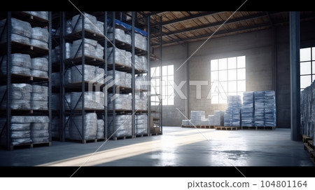 Large industrial warehouse. High racks filled with boxes and containers. Boxes on pallets in the loading area. Daylight fills the room through the windows. Global logistics concept. 3D illustration. Large industrial warehouse. High racks filled with boxes and containers. Boxes on pallets in the loading area. Daylight fills the room through the windows. Global logistics concept. 3D illustration. 104801164