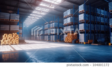 Large industrial warehouse. High racks filled with boxes and containers. Boxes on pallets in the loading area. Daylight fills the room through the windows. Global logistics concept. 3D illustration. 104801172