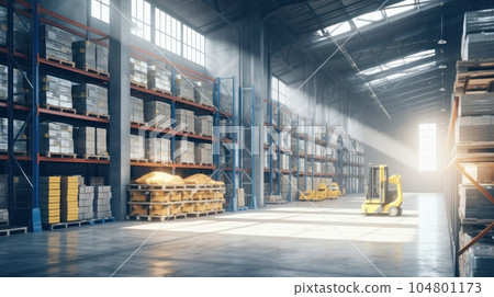 Large industrial warehouse. Tall racks filled with boxes and containers. Boxes on pallets. Forklift in the aisle. Daylight fills the room through the windows. Global logistic concept. 3D illustration. 104801173