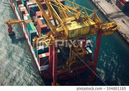 Aerial close up view of a cargo container ship at the pier of cargo seaport. Port cranes stack containers onboard a vessel. Global freight transportation and logistics concept. 3D illustration. 104801185