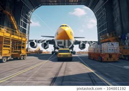 Front view of a cargo plane at the airport. Loading transport aircraft in the cargo terminal of the airport. International freight transport and logistics concept. 3D illustration. Front view of a cargo plane at the airport. Loading transport aircraft in the cargo terminal of the airport. International freight transport and logistics concept. 3D illustration. 104801192