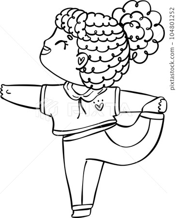 A happy and playful yoga kid cartoon outline, perfect for coloring pages. Active and energetic child exploring mindfulness and happiness 104801252
