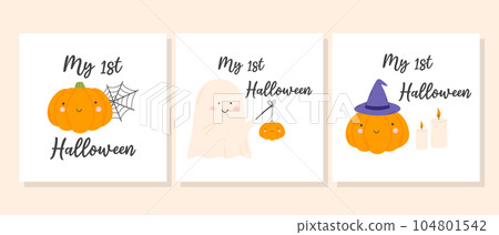 My first Halloween print set. Collection of posters with Halloween pumpkin and ghost. 104801542