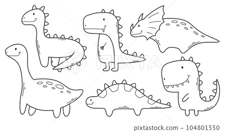 Set of dinosaurs in doodle style. Linear collection of Cute dinos. Set of dinosaurs in doodle style. Linear collection of Cute dinos. 104801550