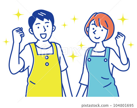 Young men and women who pose in an apron Young men and women who pose in an apron 104801695
